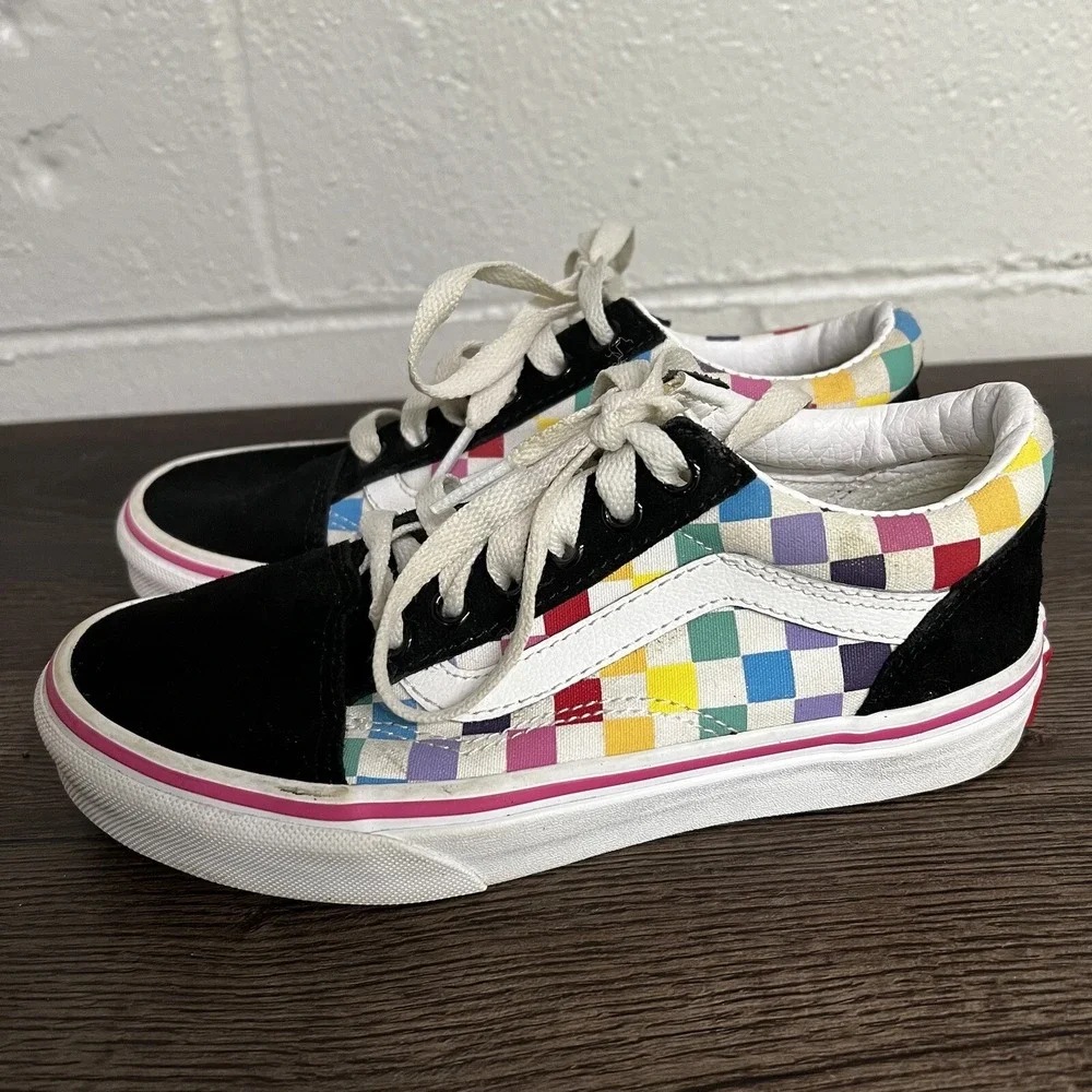VANS Missy Rainbow Checkerboard Old Skool Lace Up Skate Girls Size 2.5